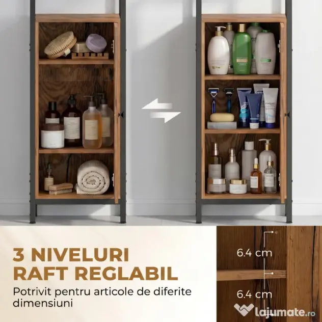 kleankin Dulap Baie Înalt și Îngust, Dulăpior Economisitor cu Uși Tip Jaluzea, 3 Rafturi Deschise, Maro Rustic | Aosom Romania