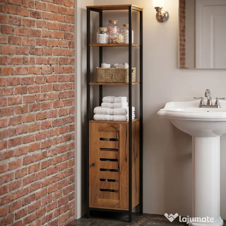 kleankin Dulap Baie Înalt și Îngust, Dulăpior Economisitor cu Uși Tip Jaluzea, 3 Rafturi Deschise, Maro Rustic | Aosom Romania