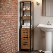kleankin Dulap Baie Înalt și Îngust, Dulăpior Economisitor cu Uși Tip Jaluzea, 3 Rafturi Deschise, Maro Rustic | Aosom Romania