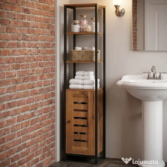 kleankin Dulap Baie Înalt și Îngust, Dulăpior Economisitor cu Uși Tip Jaluzea, 3 Rafturi Deschise, Maro Rustic | Aosom Romania