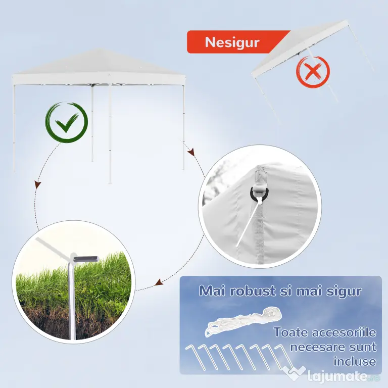 Outsunny Pavilion Pop Up Rezistent la Apă 2.45x2.45m cu Frânghii și Cuie din Oțel, Material Oxford, Albastru | Aosom Romania