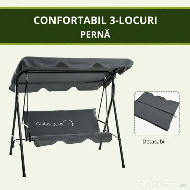 Outsunny Leagăn de Grădină cu 3 Locuri cu Copertină și Cadru din Oțel și Poliester, 172x110x153 cm, Gri