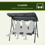Outsunny Leagăn de Grădină cu 3 Locuri cu Copertină și Cadru din Oțel și Poliester, 172x110x153 cm, Gri 