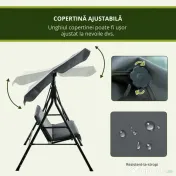 Outsunny Leagăn de Grădină cu 3 Locuri cu Copertină și Cadru din Oțel și Poliester, 172x110x153 cm, Gri 