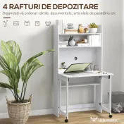 HOMCOM Birou cu Rafturi, Blat Pliabil, 2 Roți și 4 Rafturi, Birou Compact Modern cu Orificiu pentru Cabluri, Masă pentru Computer, Casă Birou Cameră de Studiu, 80x69x155 cm, Alb | Aosom Romania 
