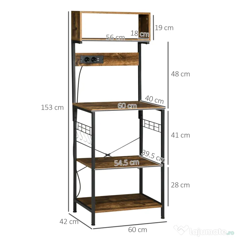 HOMCOM Raft de Bucatarie cu Prize Mutiple, Dulap pentru Microunde cu Rafturi și Mânere din Sârmă Stil Industrial, 90x42x130 cm, Maro | Aosom Romania