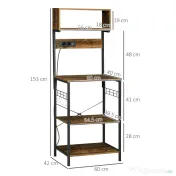 HOMCOM Raft de Bucatarie cu Prize Mutiple, Dulap pentru Microunde cu Rafturi și Mânere din Sârmă Stil Industrial, 90x42x130 cm, Maro | Aosom Romania 