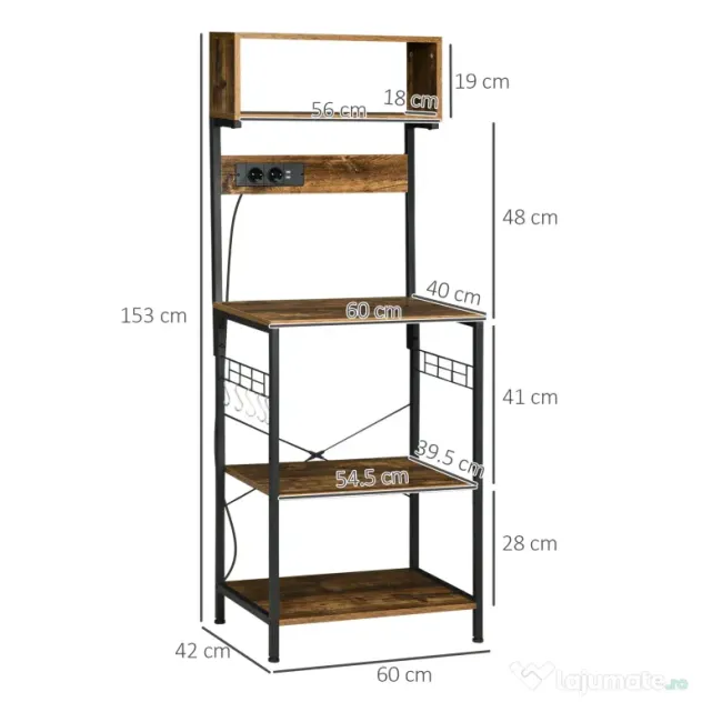 HOMCOM Raft de Bucatarie cu Prize Mutiple, Dulap pentru Microunde cu Rafturi și Mânere din Sârmă Stil Industrial, 90x42x130 cm, Maro | Aosom Romania