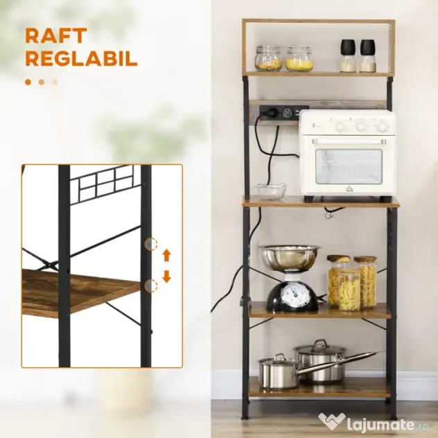 HOMCOM Raft de Bucatarie cu Prize Mutiple, Dulap pentru Microunde cu Rafturi și Mânere din Sârmă Stil Industrial, 90x42x130 cm, Maro | Aosom Romania
