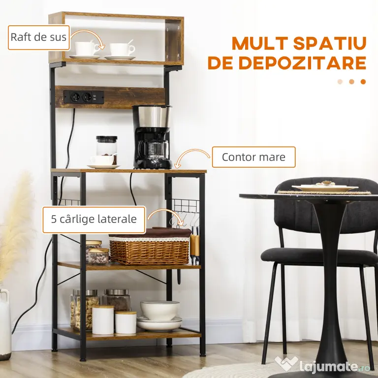 HOMCOM Raft de Bucatarie cu Prize Mutiple, Dulap pentru Microunde cu Rafturi și Mânere din Sârmă Stil Industrial, 90x42x130 cm, Maro | Aosom Romania