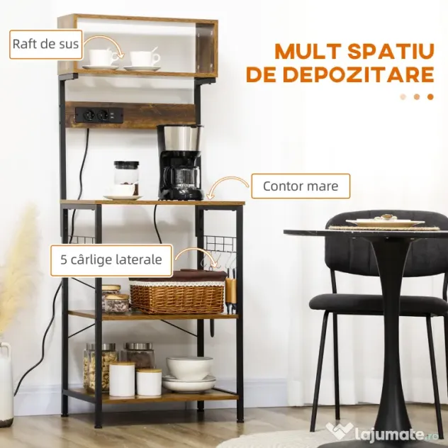 HOMCOM Raft de Bucatarie cu Prize Mutiple, Dulap pentru Microunde cu Rafturi și Mânere din Sârmă Stil Industrial, 90x42x130 cm, Maro | Aosom Romania
