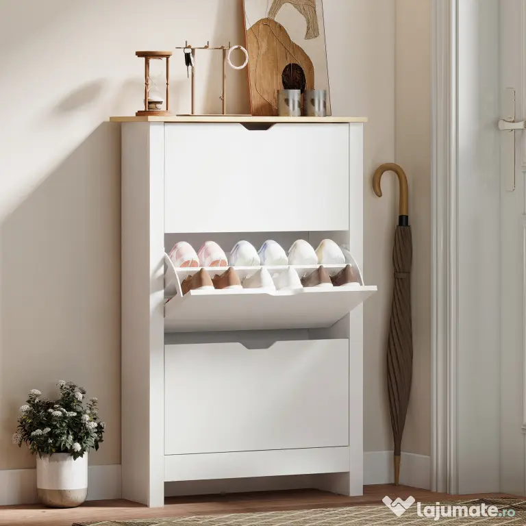 HOMCOM Dulap Slim pentru 18 Pantofi, 3 Sertare cu 2 Rafturi Reglabile Alb | Aosom Romania