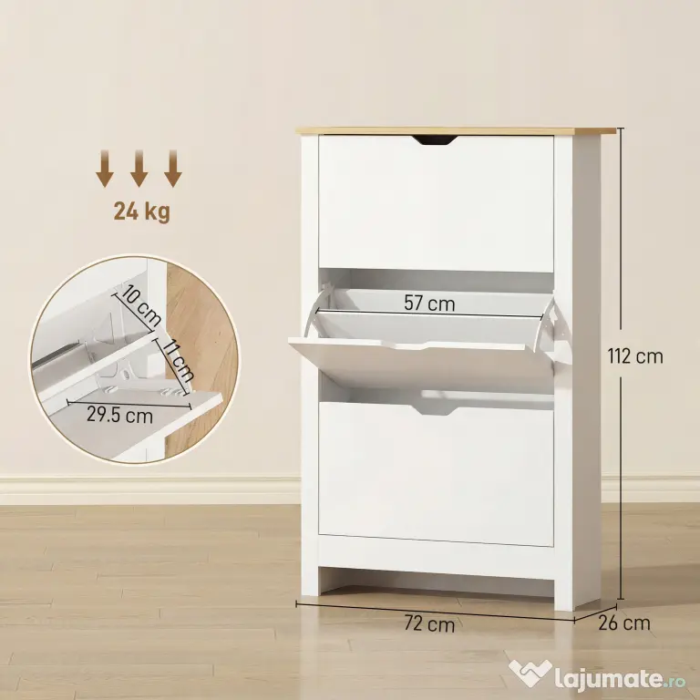 HOMCOM Dulap Slim pentru 18 Pantofi, 3 Sertare cu 2 Rafturi Reglabile Alb | Aosom Romania