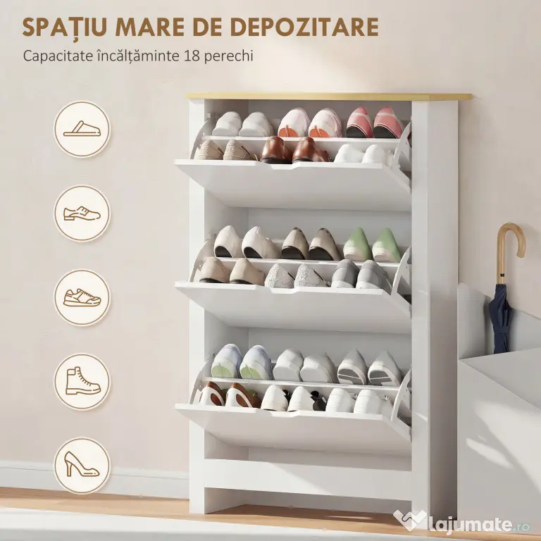 HOMCOM Dulap Slim pentru 18 Pantofi, 3 Sertare cu 2 Rafturi Reglabile Alb | Aosom Romania