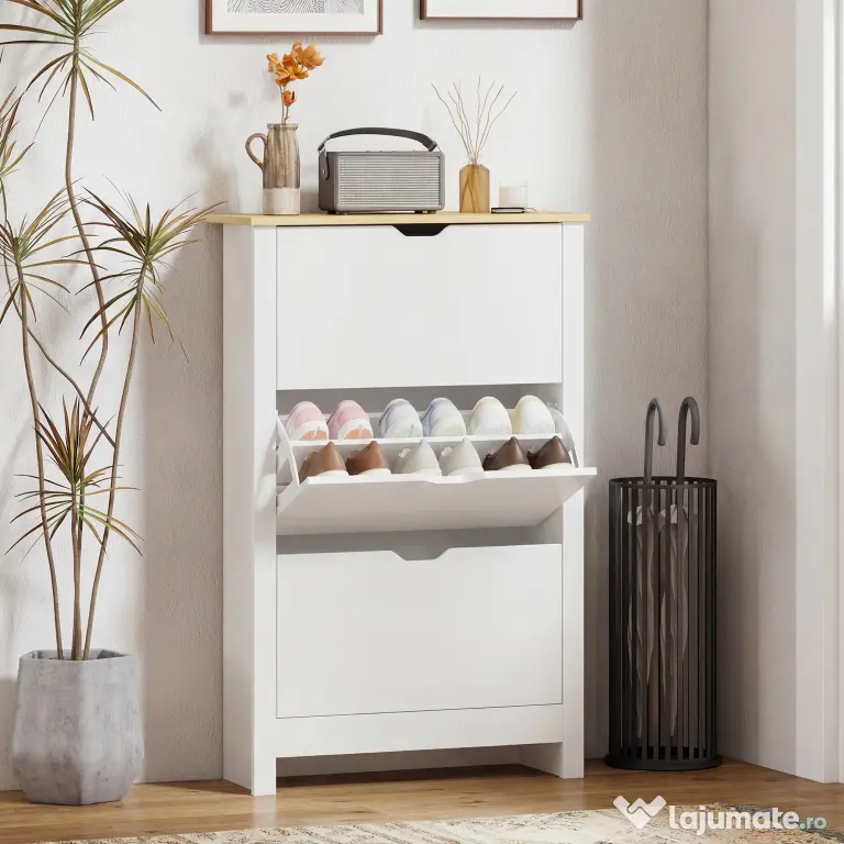 HOMCOM Dulap Slim pentru 18 Pantofi, 3 Sertare cu 2 Rafturi Reglabile Alb | Aosom Romania