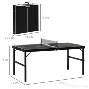 SPORTNOW Masă de Ping Pong Pliabilă cu Mâner pentru Transport, din Aluminiu și Lemn, 152x76x72 cm, Negru 