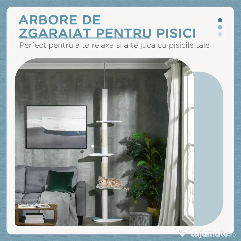 PawHut Arbore de Zgâriat pentru Pisici, 55x38x225-255 cm, Alb | Aosom Romania