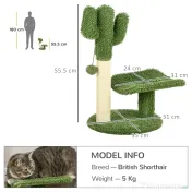 Copac de 55,5cm in Forma de Cactus pentru Pisici de Interior, Turn pentru Pisici cu Stalpi de Zgariat, Pat, Minge, Verde PawHut | Aosom Romania 
