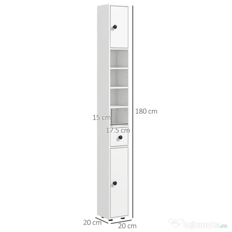 Kleankin Dulap de Baie Înalt cu Rafturi Deschise și 2 Dulapuri cu Uși și Rafturi Ajustabile, 20x20x180 cm, Alb | Aosom Romania