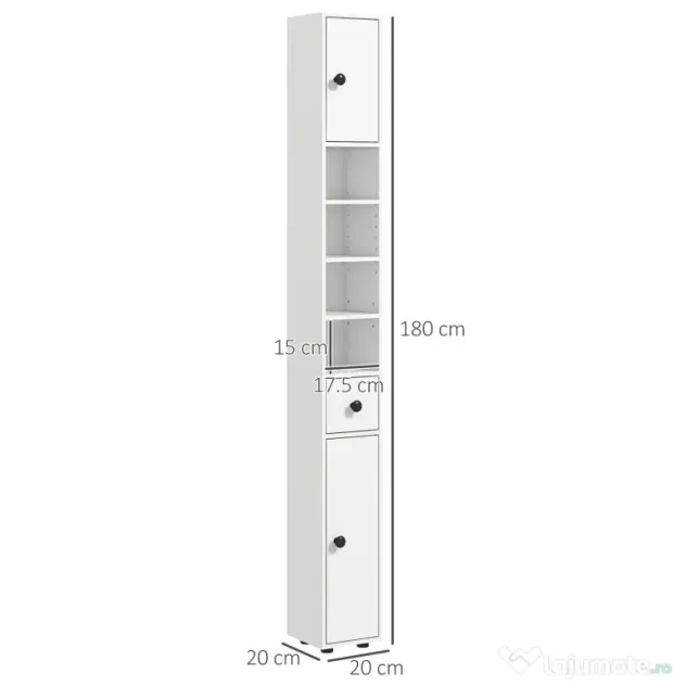 Kleankin Dulap de Baie Înalt cu Rafturi Deschise și 2 Dulapuri cu Uși și Rafturi Ajustabile, 20x20x180 cm, Alb | Aosom Romania
