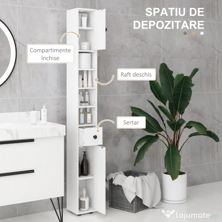 Kleankin Dulap de Baie Înalt cu Rafturi Deschise și 2 Dulapuri cu Uși și Rafturi Ajustabile, 20x20x180 cm, Alb | Aosom Romania