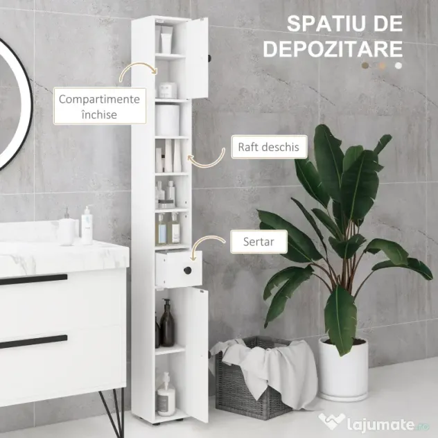Kleankin Dulap de Baie Înalt cu Rafturi Deschise și 2 Dulapuri cu Uși și Rafturi Ajustabile, 20x20x180 cm, Alb | Aosom Romania
