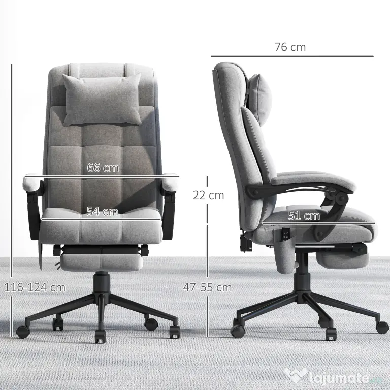 Vinsetto Scaun Birou cu Masaj și cu Încălzire, Fotoliu Birou cu Spătar Înclinabil 155°, Suport Picioare, 66x76x112-120cm,Gri | Aosom Romania
