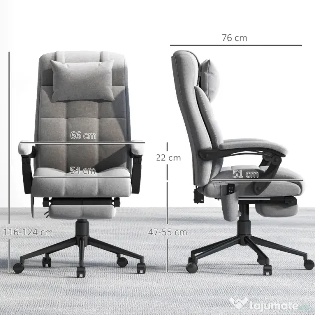 Vinsetto Scaun Birou cu Masaj și cu Încălzire, Fotoliu Birou cu Spătar Înclinabil 155°, Suport Picioare, 66x76x112-120cm,Gri | Aosom Romania