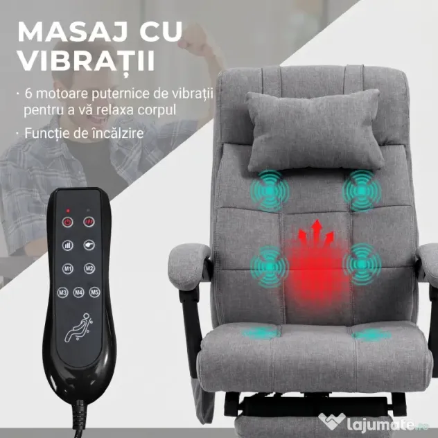 Vinsetto Scaun Birou cu Masaj și cu Încălzire, Fotoliu Birou cu Spătar Înclinabil 155°, Suport Picioare, 66x76x112-120cm,Gri | Aosom Romania