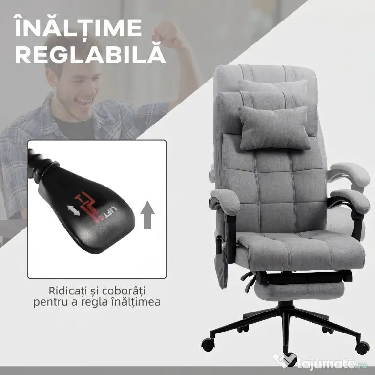 Vinsetto Scaun Birou cu Masaj și cu Încălzire, Fotoliu Birou cu Spătar Înclinabil 155°, Suport Picioare, 66x76x112-120cm,Gri | Aosom Romania