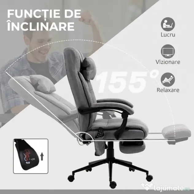 Vinsetto Scaun Birou cu Masaj și cu Încălzire, Fotoliu Birou cu Spătar Înclinabil 155°, Suport Picioare, 66x76x112-120cm,Gri | Aosom Romania