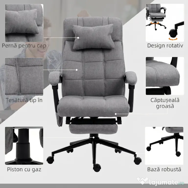 Vinsetto Scaun Birou cu Masaj și cu Încălzire, Fotoliu Birou cu Spătar Înclinabil 155°, Suport Picioare, 66x76x112-120cm,Gri | Aosom Romania