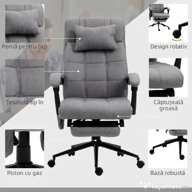 Vinsetto Scaun Birou cu Masaj și cu Încălzire, Fotoliu Birou cu Spătar Înclinabil 155°, Suport Picioare, 66x76x112-120cm,Gri | Aosom Romania