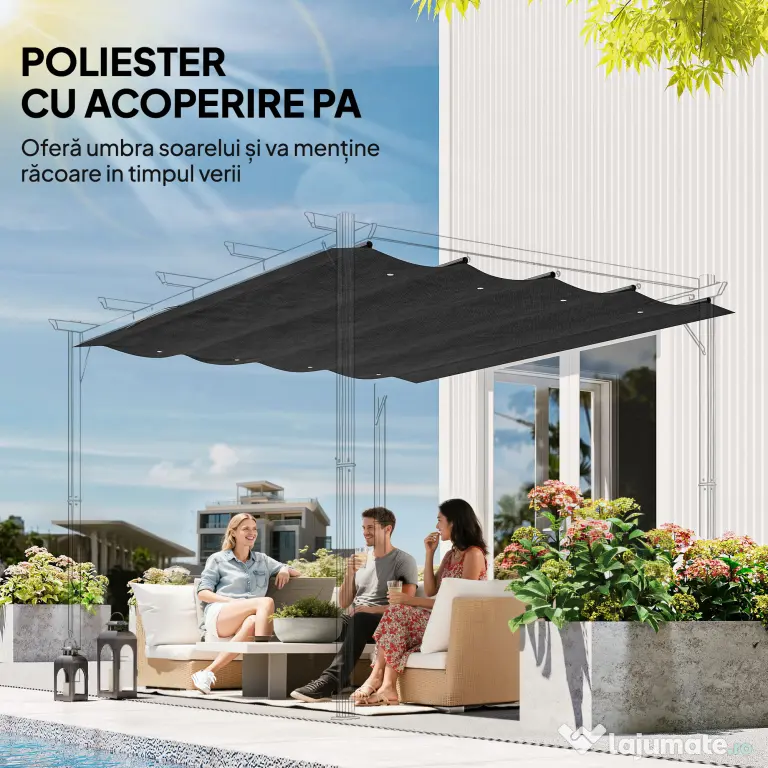 Outsunny Copertină Retractabilă UV30+ pentru Pergolă 3x2.15m Protecție Solară Gri Închis | Aosom Romania