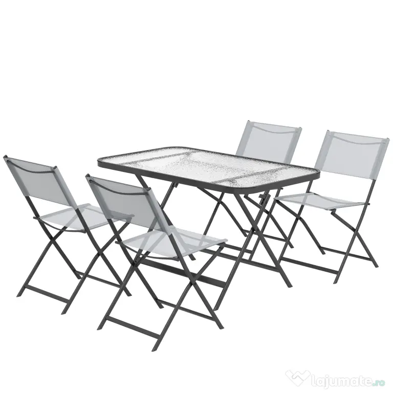 Outsunny Set de Grădină 5 Piese – 4 Scaune Pliabile din Textilene și Masă din Sticlă Securizată, Gri | Aosom Romania