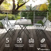 Outsunny Set de Grădină 5 Piese – 4 Scaune Pliabile din Textilene și Masă din Sticlă Securizată, Gri | Aosom Romania 