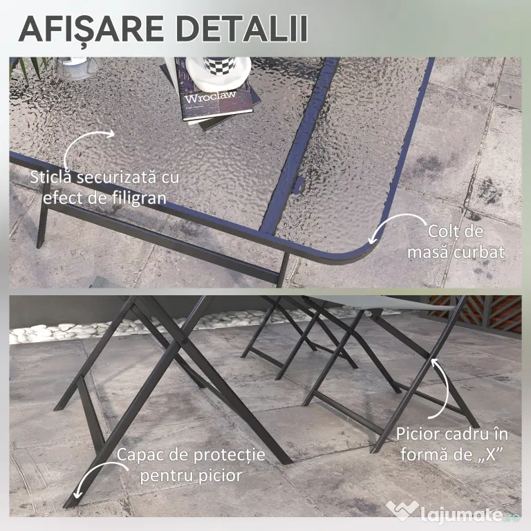 Outsunny Set de Grădină 5 Piese – 4 Scaune Pliabile din Textilene și Masă din Sticlă Securizată, Gri | Aosom Romania