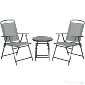 Outsunny Set de Exterior din 3 Piese cu Masă  cu Blat din Sticlă și 2 Scaune Pliabile din Plasă, Ф45x50 cm, Gri Deschis | Aosom Romania 