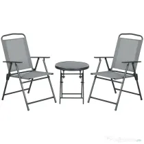 Outsunny Set de Exterior din 3 Piese cu Masă  cu Blat din Sticlă și 2 Scaune Pliabile din Plasă, Ф45x50 cm, Gri Deschis | Aosom Romania