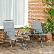Outsunny Set de Exterior din 3 Piese cu Masă  cu Blat din Sticlă și 2 Scaune Pliabile din Plasă, Ф45x50 cm, Gri Deschis | Aosom Romania 