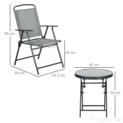 Outsunny Set de Exterior din 3 Piese cu Masă  cu Blat din Sticlă și 2 Scaune Pliabile din Plasă, Ф45x50 cm, Gri Deschis | Aosom Romania 