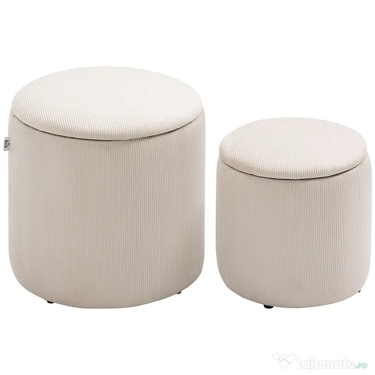 HOMCOM Set de 2 Pouf-uri pentru Depozitare Salvaspazio Rotunde și Îmbunătățite din Catifea cu Nervuri, Alb | Aosom Romania
