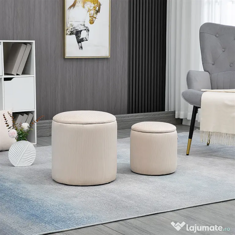 HOMCOM Set de 2 Pouf-uri pentru Depozitare Salvaspazio Rotunde și Îmbunătățite din Catifea cu Nervuri, Alb | Aosom Romania