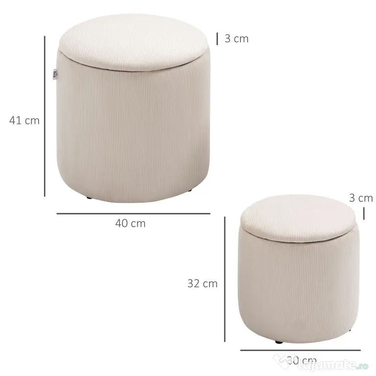 HOMCOM Set de 2 Pouf-uri pentru Depozitare Salvaspazio Rotunde și Îmbunătățite din Catifea cu Nervuri, Alb | Aosom Romania