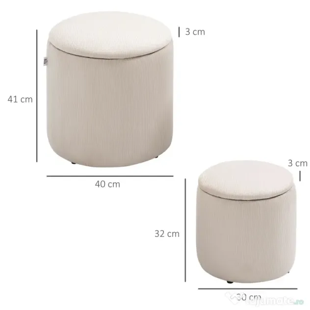 HOMCOM Set de 2 Pouf-uri pentru Depozitare Salvaspazio Rotunde și Îmbunătățite din Catifea cu Nervuri, Alb | Aosom Romania