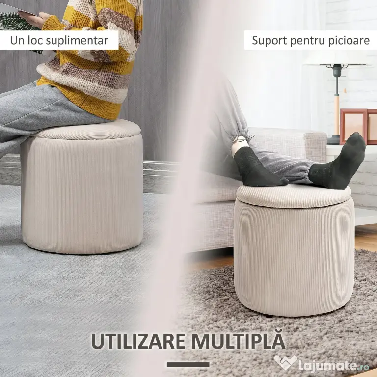 HOMCOM Set de 2 Pouf-uri pentru Depozitare Salvaspazio Rotunde și Îmbunătățite din Catifea cu Nervuri, Alb | Aosom Romania