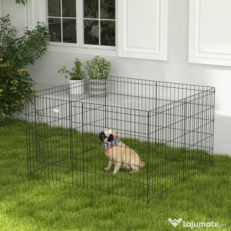 PawHut Padoc Portabil pentru Câini, Pisici și Căței, Structură din Sârmă Metalică, 8 Module, 76x61 cm, Negru | Aosom Romania