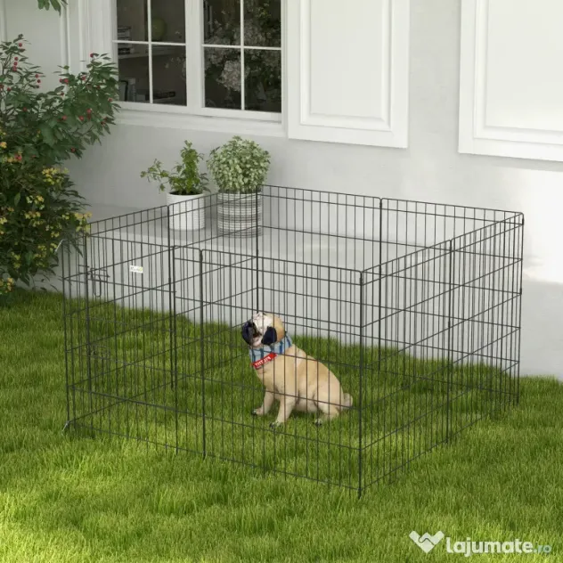 PawHut Padoc Portabil pentru Câini, Pisici și Căței, Structură din Sârmă Metalică, 8 Module, 76x61 cm, Negru | Aosom Romania