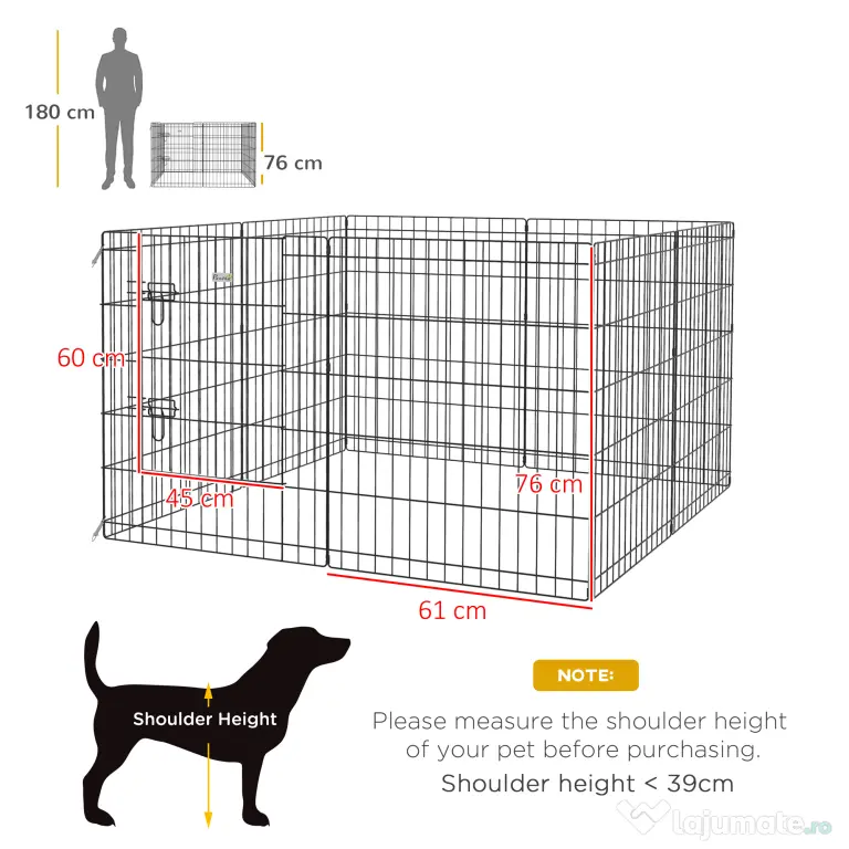 PawHut Padoc Portabil pentru Câini, Pisici și Căței, Structură din Sârmă Metalică, 8 Module, 76x61 cm, Negru | Aosom Romania