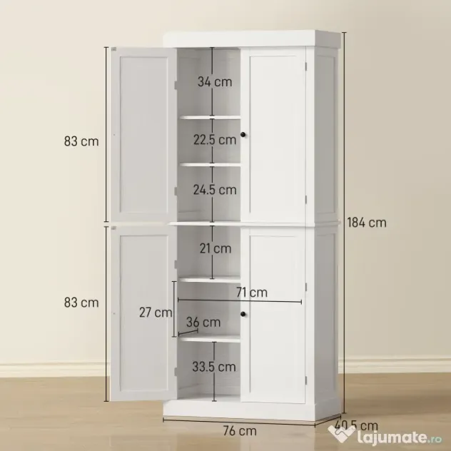 HOMCOM Dulap Înalt de Bucătărie cu 6 Rafturi și 2 Uși, Dulap cu Rafturi Reglabile din Lemn, 76x40,5x184 cm, Alb | Aosom Romania